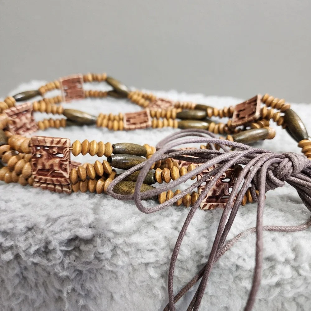 Vintage Wooden Beaded Safari Belt Tie 90s Boho Tribal Zoo Year of the wood horse